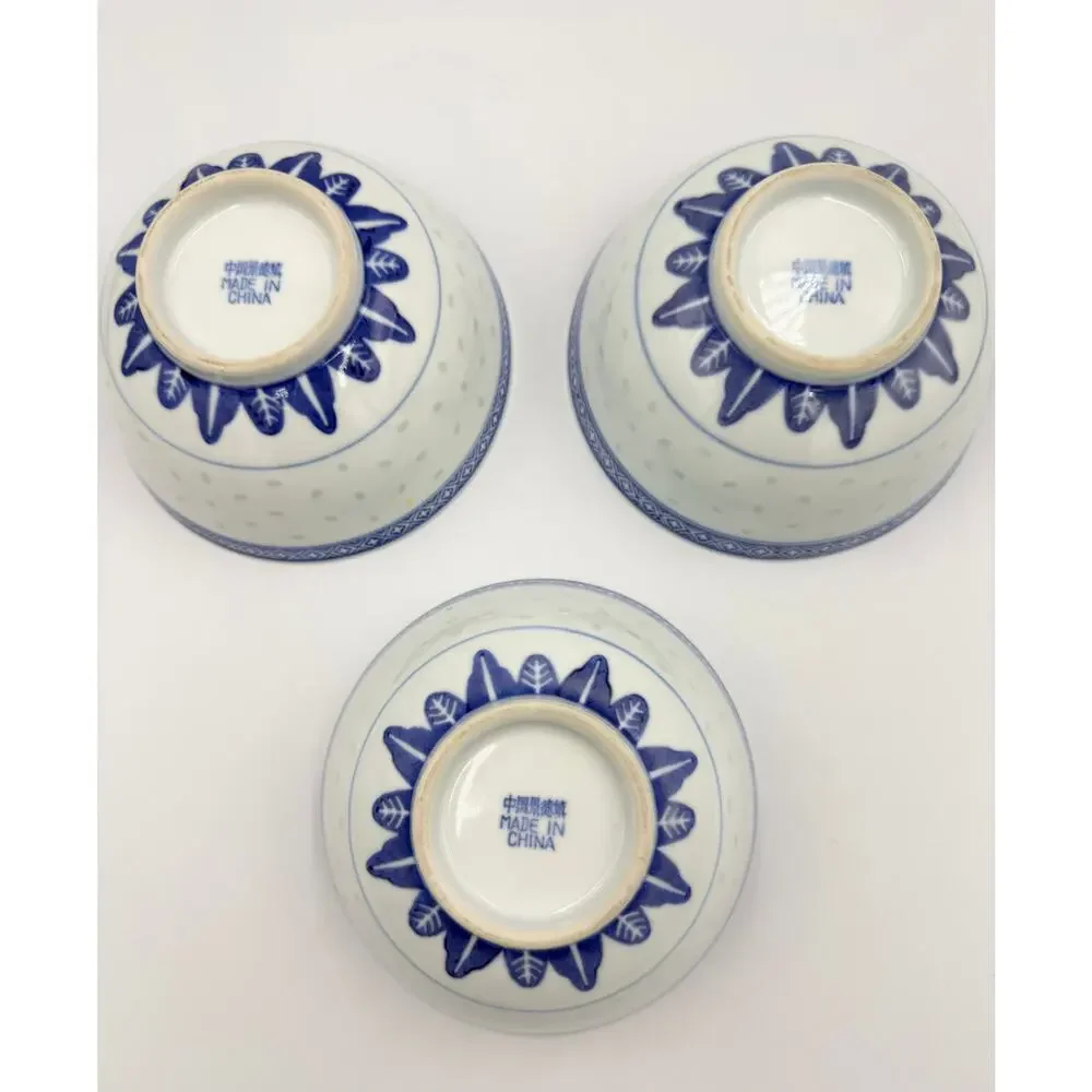Tienshan Chinese Rice Grain Coupe Soup Bowls Blue & White Chrysanthemum 3pc Set